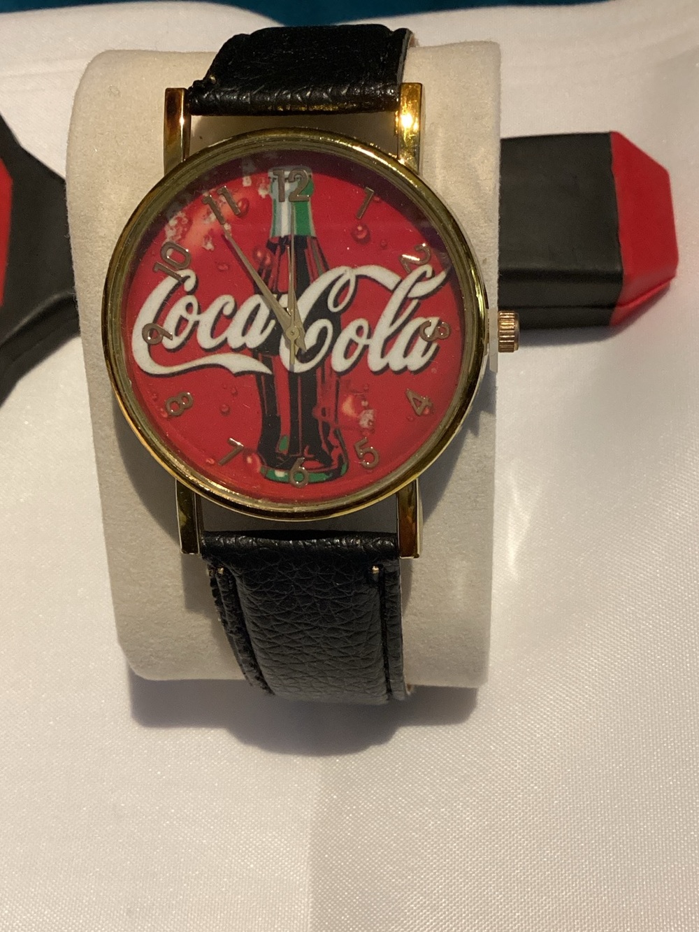 Coca Cola Red Dial Men's Watch with Black Strap and Gold Case